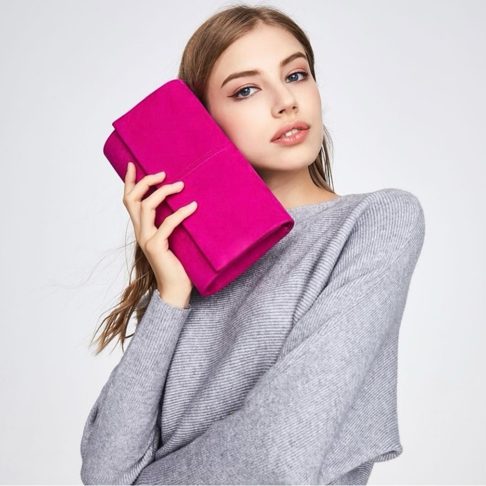 Ava & Lina Magenta Micro Suede Flap Clutch 5" x 12" x 2" - Picture 2 of 13